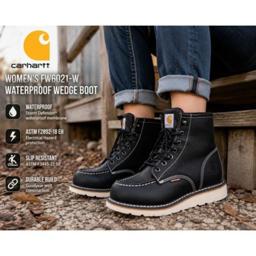 Carhartt FW6021-W Womens 7.5 M Waterproof Moc Toe Wedge Work Boots Black EH